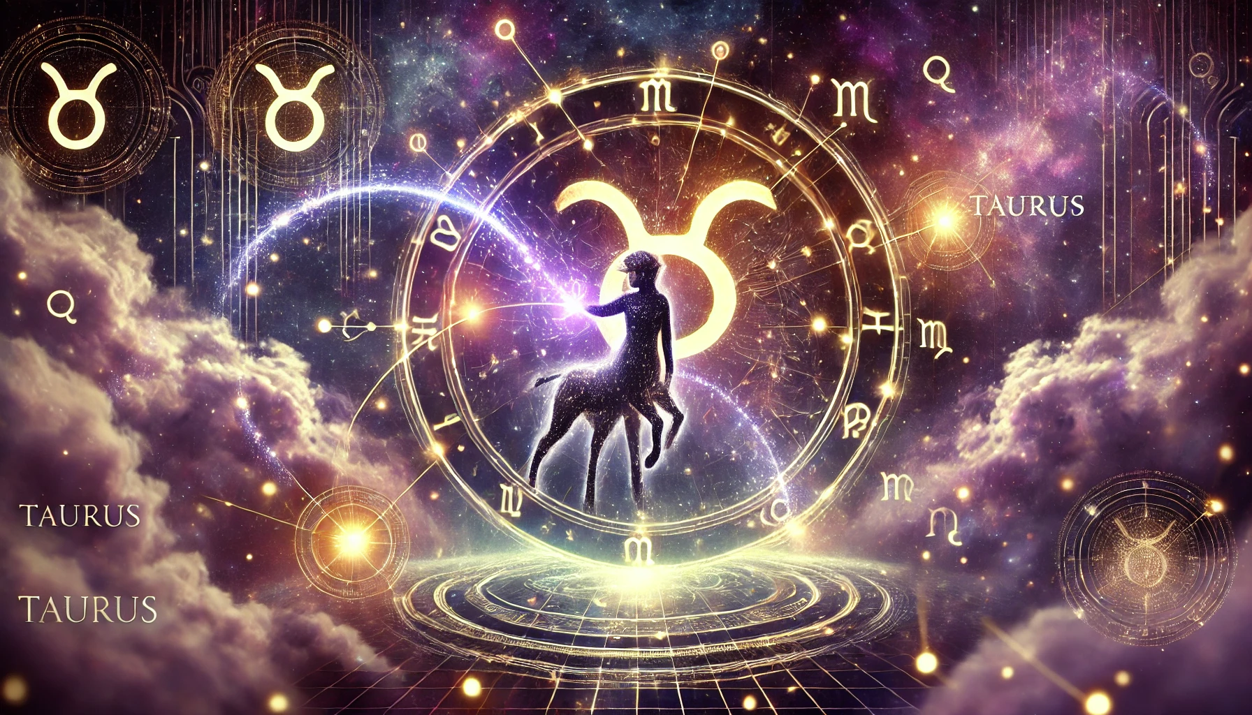 A cosmic and mystical digital artwork featuring Taurus as the central zodiac sign, illuminated by glowing constellations, swirling galaxies, and a futuristic holographic astrological chart. The Taurus symbol is prominently displayed, representing strength, stability, and determination. The background blends deep purples, blues, and cosmic gold, enhancing the celestial and astrological theme. This Taurus-themed horoscope image reflects the sign's grounded nature, resilience, and connection to earthly energy, aligning with its astrological influences.